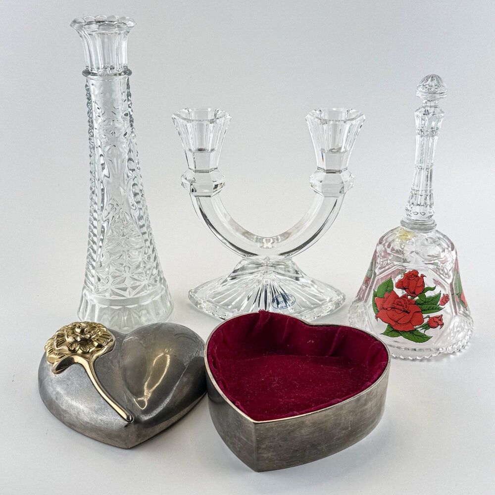 Crystal Decor Bundle Anchor Hocking Vase Candle Holder Bell Silver Heart Box Lot